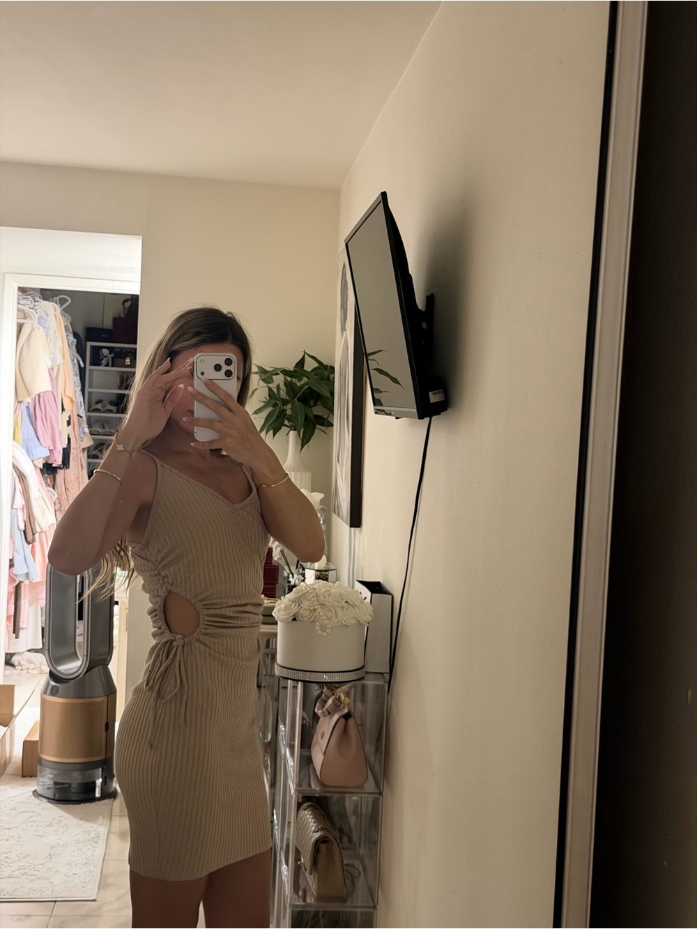 Sleeveless Cutout Ribbed Mini Dress in Beige